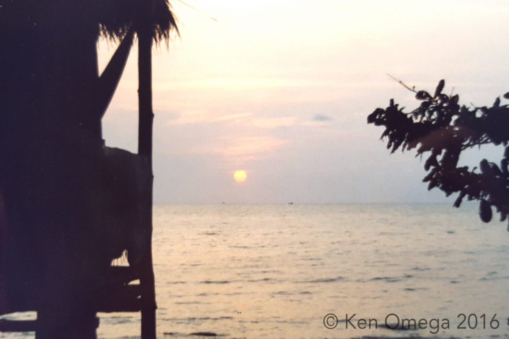 beach hut at sunset